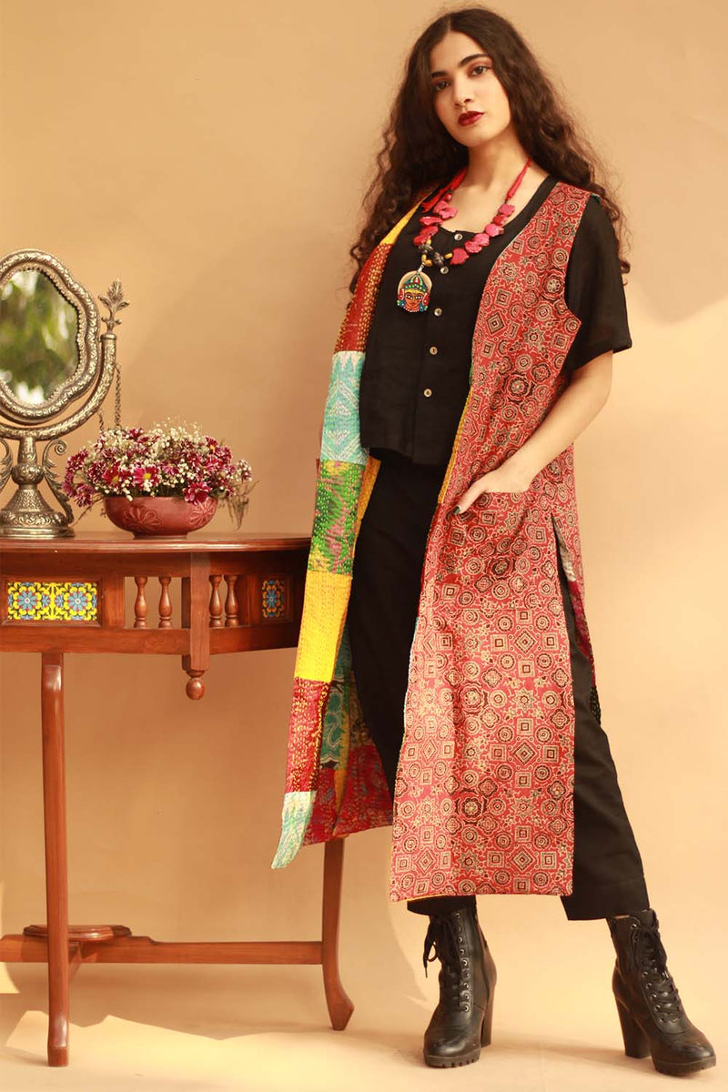 Dohra | Reversible Jacket | Mosaic Kantha Silk / Ajrakh Universe
