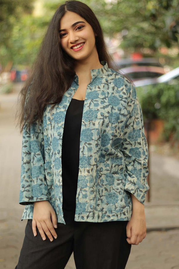 Dohra | Reversible Jacket | Ajrakh Green Chevron Dots/Teal Vanaspati