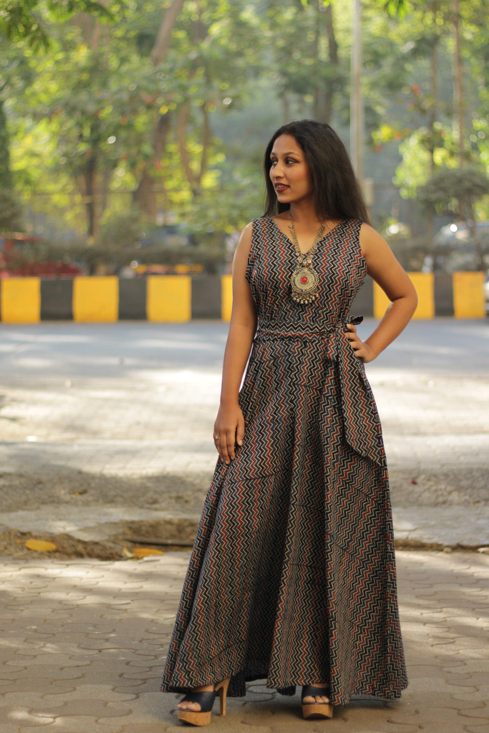 Dhaariyan | Urmi | Wide Legged Jumpsuit | Navy Blue Chevron Ajrakh