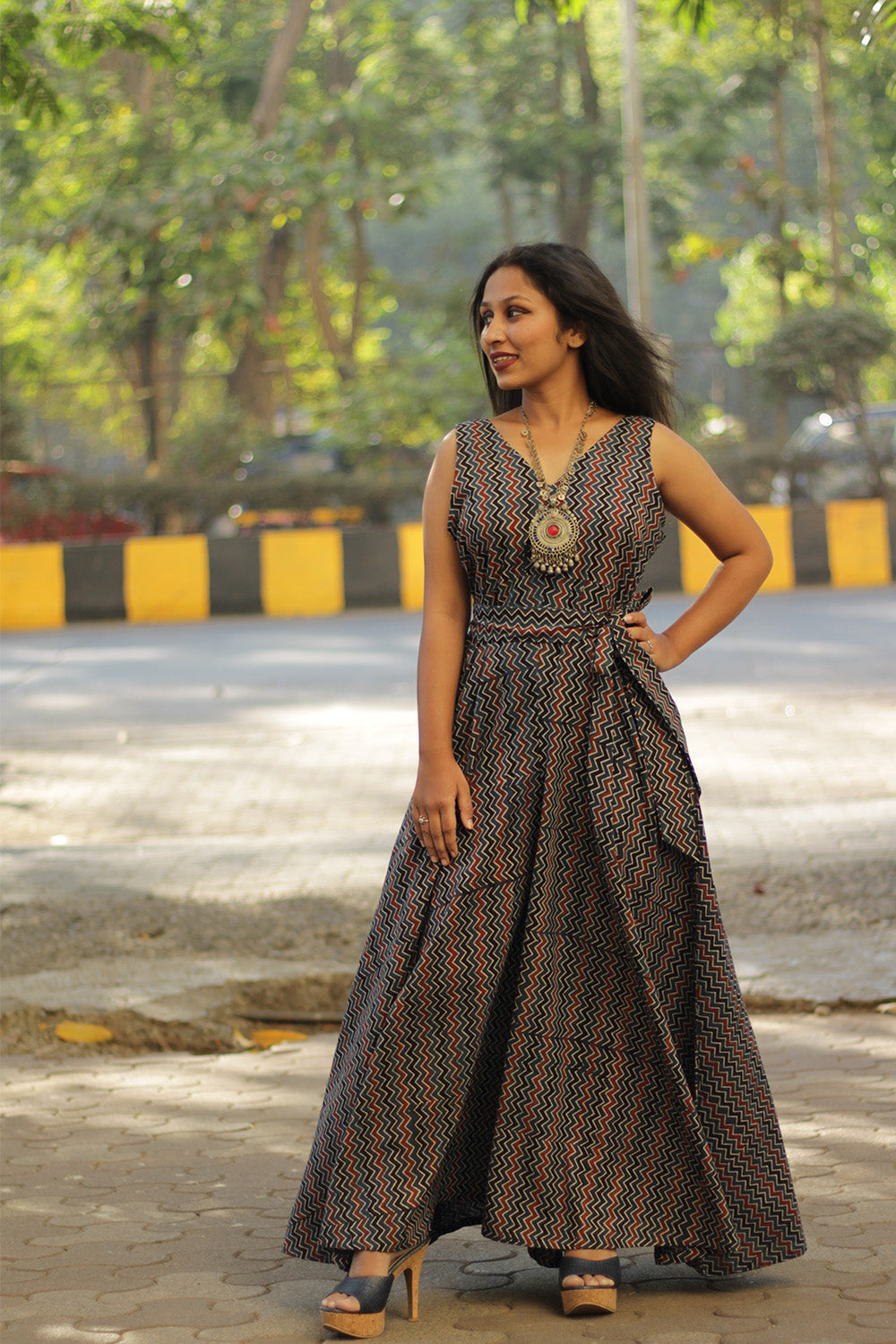 Dhaariyan | Urmi | Wide Legged Jumpsuit | Navy Blue Chevron Ajrakh