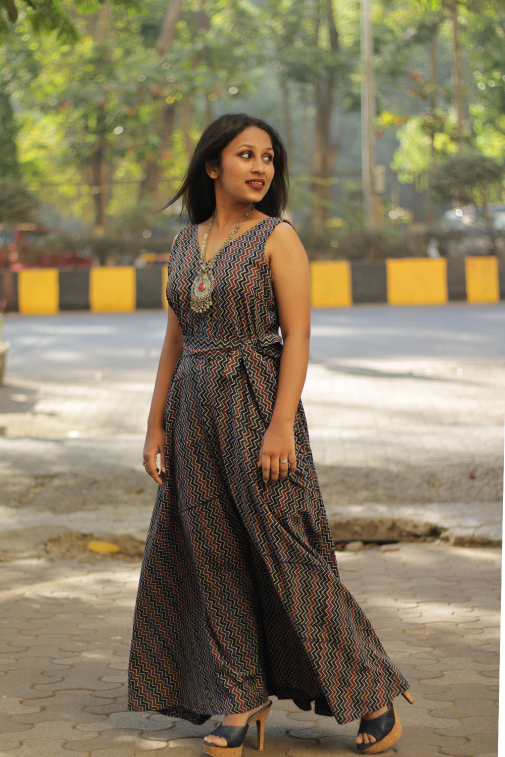 Dhaariyan | Urmi | Wide Legged Jumpsuit | Navy Blue Chevron Ajrakh