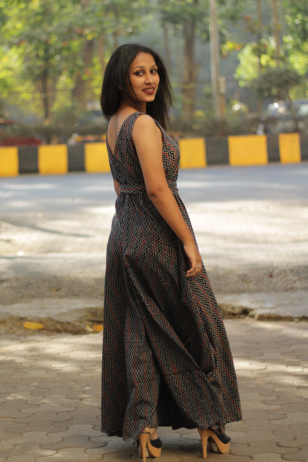 Dhaariyan | Urmi | Wide Legged Jumpsuit | Navy Blue Chevron Ajrakh