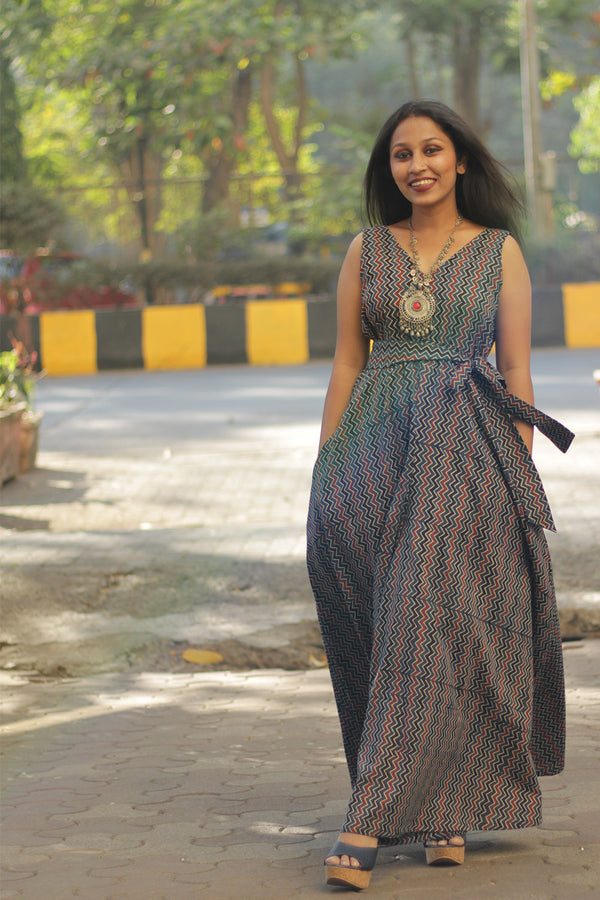 Urmi | Wide Legged Jumpsuit | Navy Blue Chevron Ajrakh