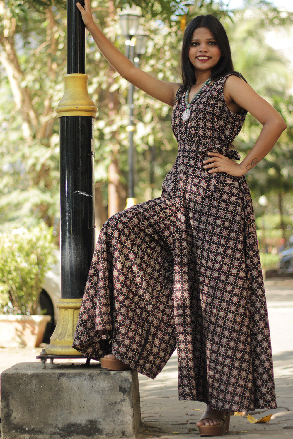 Urmi | Wide Legged Jumpsuit | Noir Trellis Ajrakh
