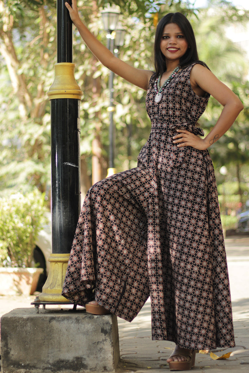 Urmi | Wide Legged Jumpsuit | Noir Trellis Ajrakh
