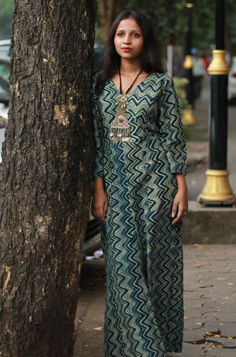 Anurima | Angarkha Style Jumpsuit | Indigo Chevron Ajrakh