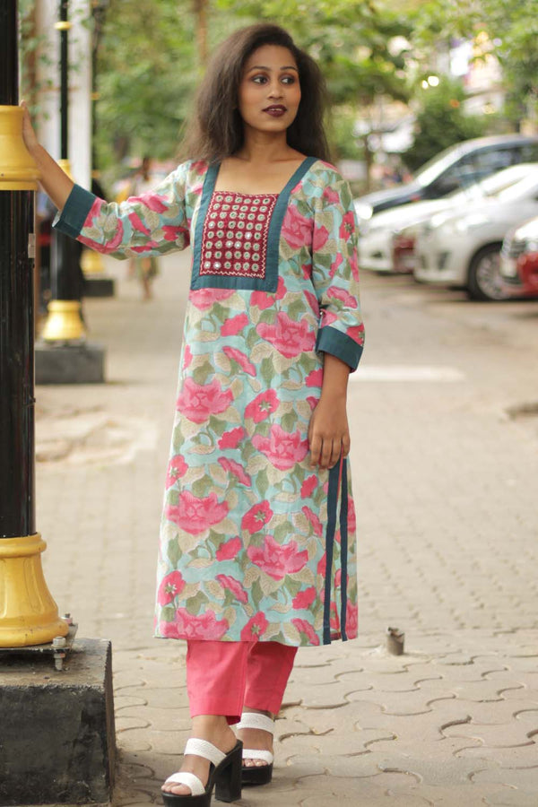 Turquoise Blossom- Sanganeri Mirrorwork Kurta