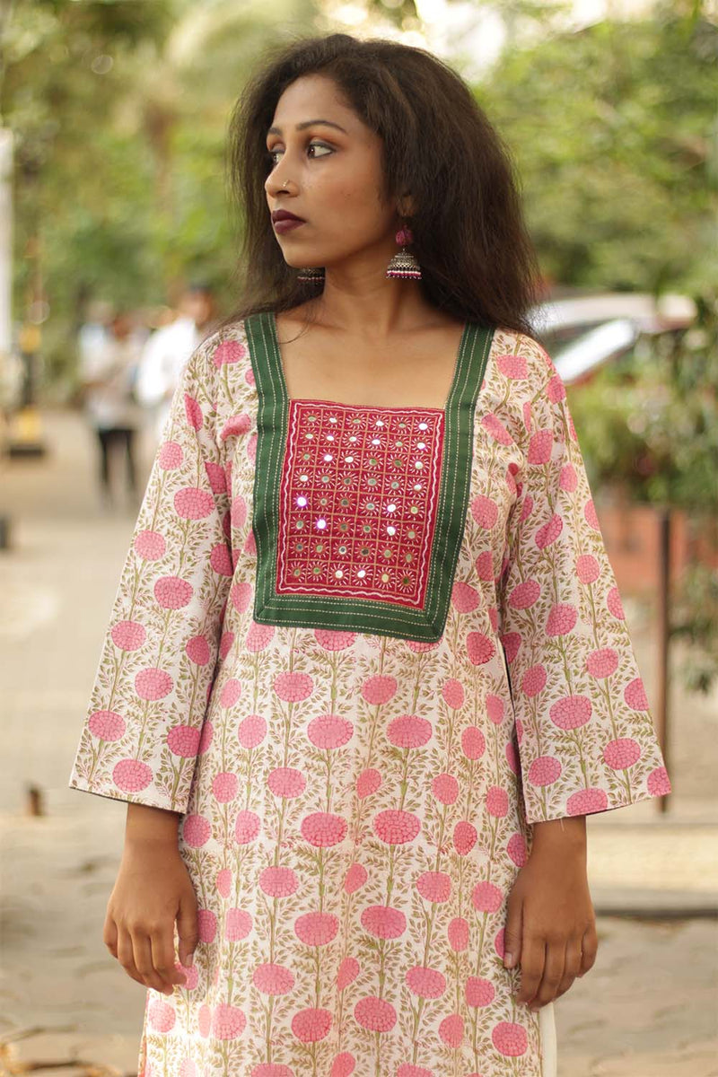 Pink Meadow- Sanganeri Mirrorwork Kurta