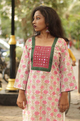 Pink Meadow- Sanganeri Mirrorwork Kurta