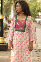 Pink Meadow- Sanganeri Mirrorwork Kurta