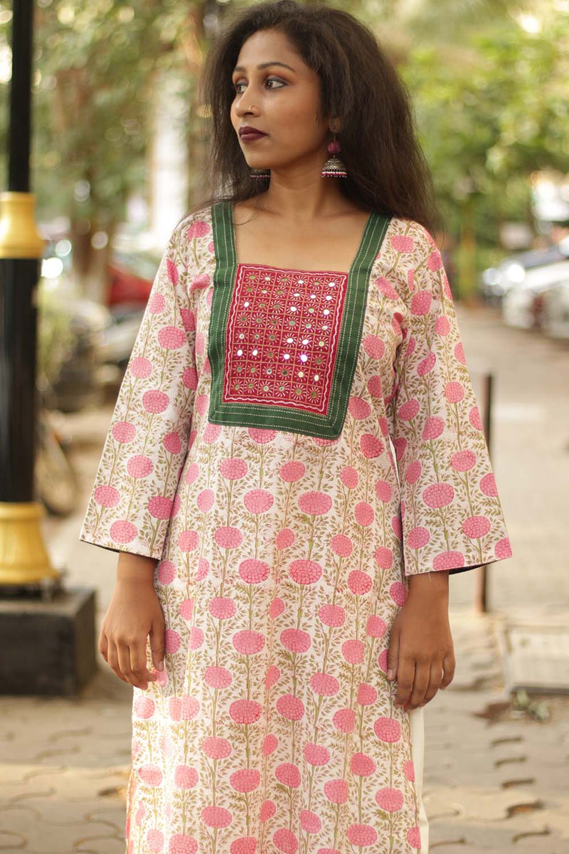 Pink Meadow- Sanganeri Mirrorwork Kurta