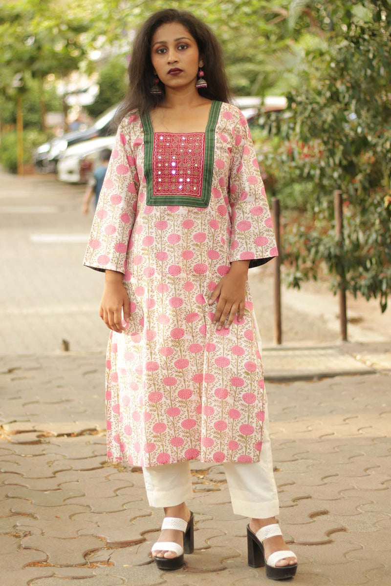 Pink Meadow- Sanganeri Mirrorwork Kurta