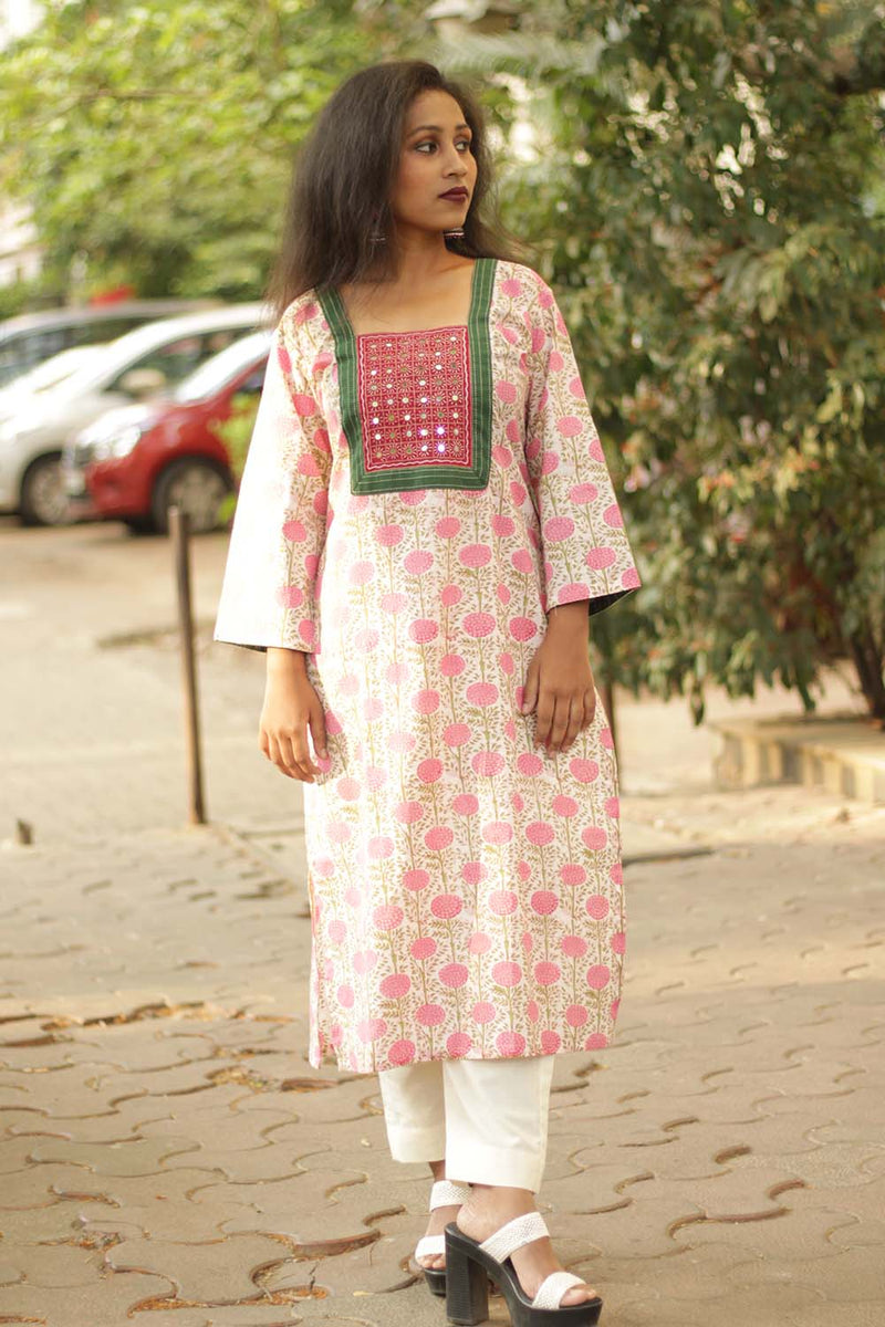 Pink Meadow- Sanganeri Mirrorwork Kurta