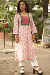 Pink Meadow- Sanganeri Mirrorwork Kurta