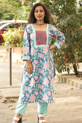 Turquoise Bloom- Sanganeri Mirrorwork Kurta