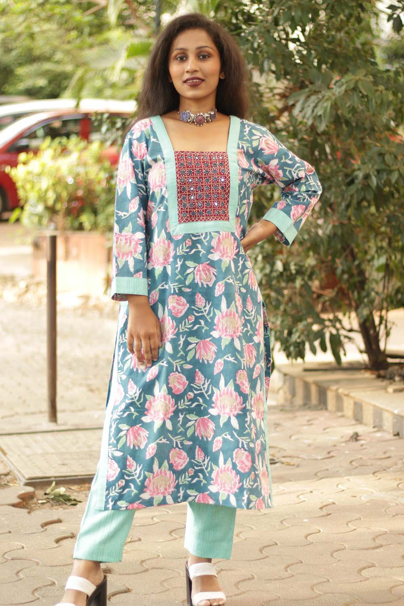 Turquoise Bloom- Sanganeri Mirrorwork Kurta