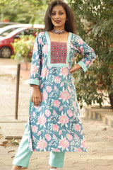 Turquoise Bloom- Sanganeri Mirrorwork Kurta