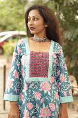 Turquoise Bloom- Sanganeri Mirrorwork Kurta