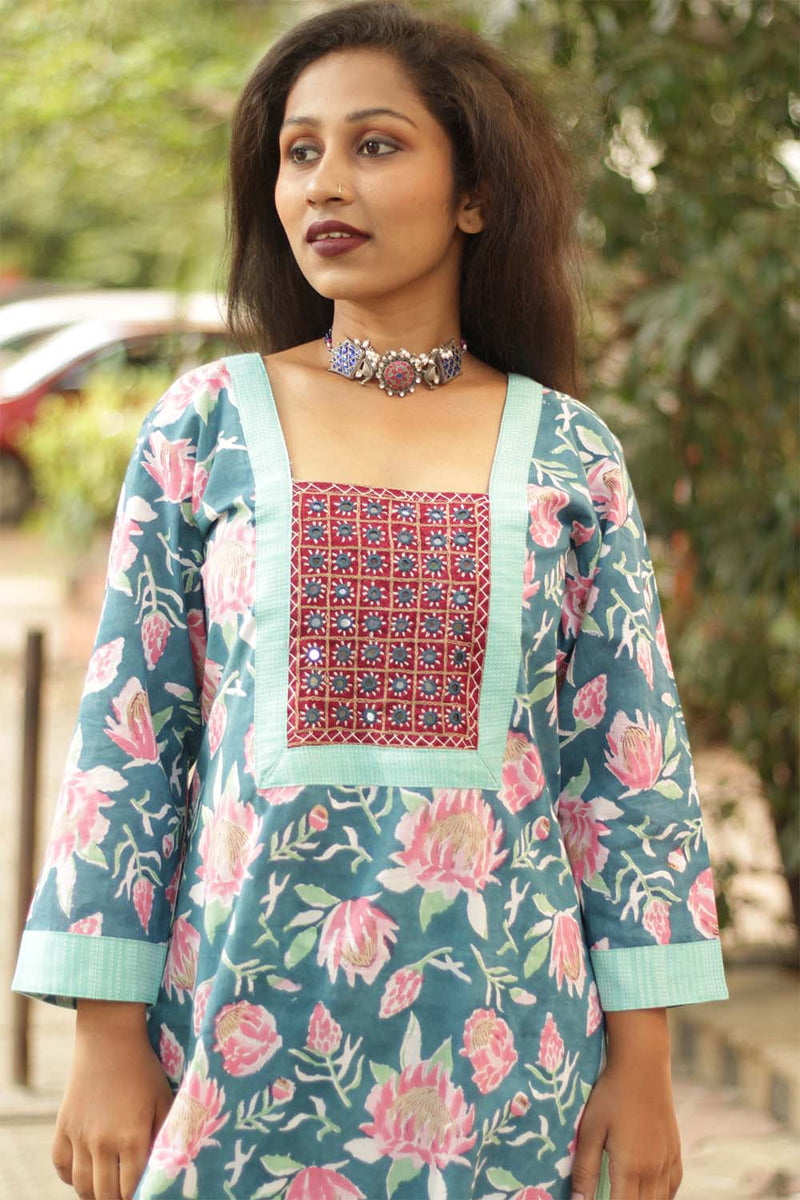 Turquoise Bloom- Sanganeri Mirrorwork Kurta
