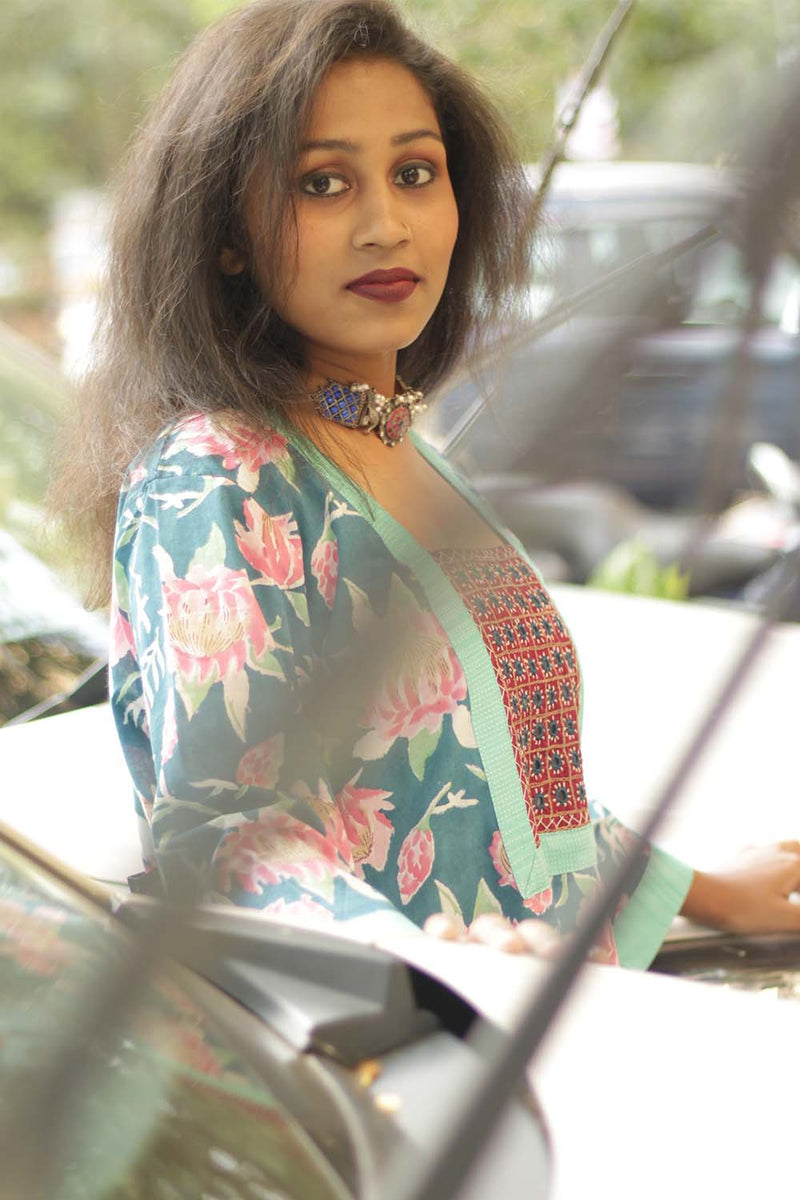 Turquoise Bloom- Sanganeri Mirrorwork Kurta