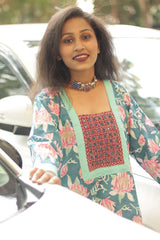 Turquoise Bloom- Sanganeri Mirrorwork Kurta