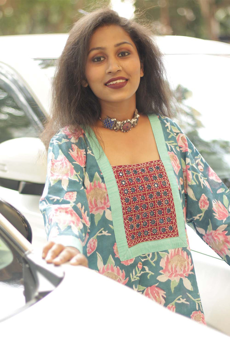 Turquoise Bloom- Sanganeri Mirrorwork Kurta