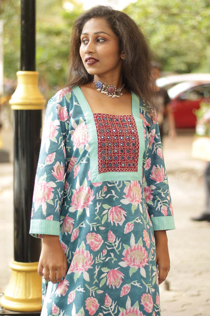 Turquoise Bloom- Sanganeri Mirrorwork Kurta
