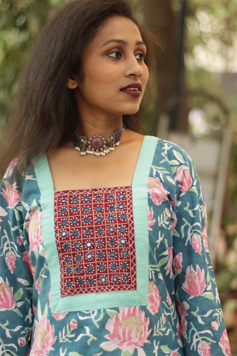Turquoise Bloom- Sanganeri Mirrorwork Kurta