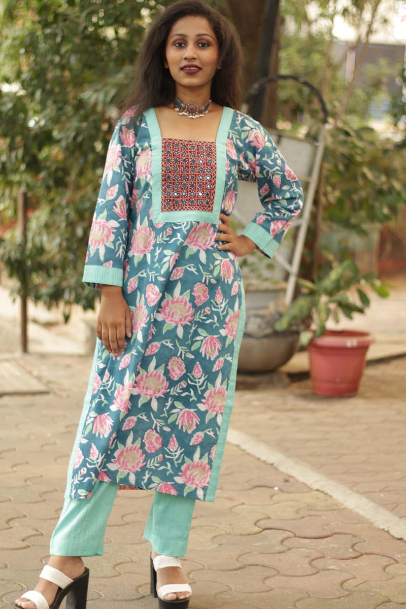 Turquoise Bloom- Sanganeri Mirrorwork Kurta