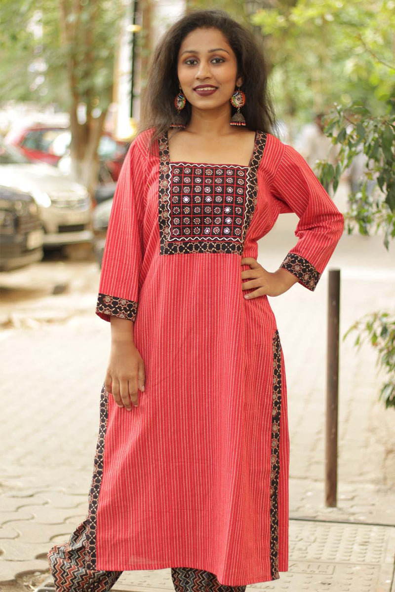 Kantha Cotton Mirrorwork Kurta- Red