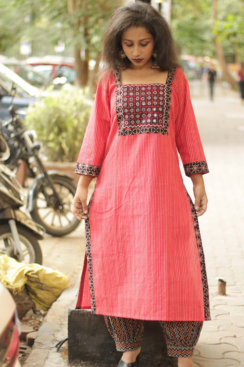 Kantha Cotton Mirrorwork Kurta- Red