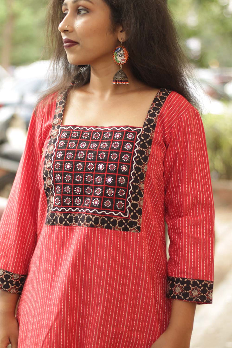 Kantha Cotton Mirrorwork Kurta- Red