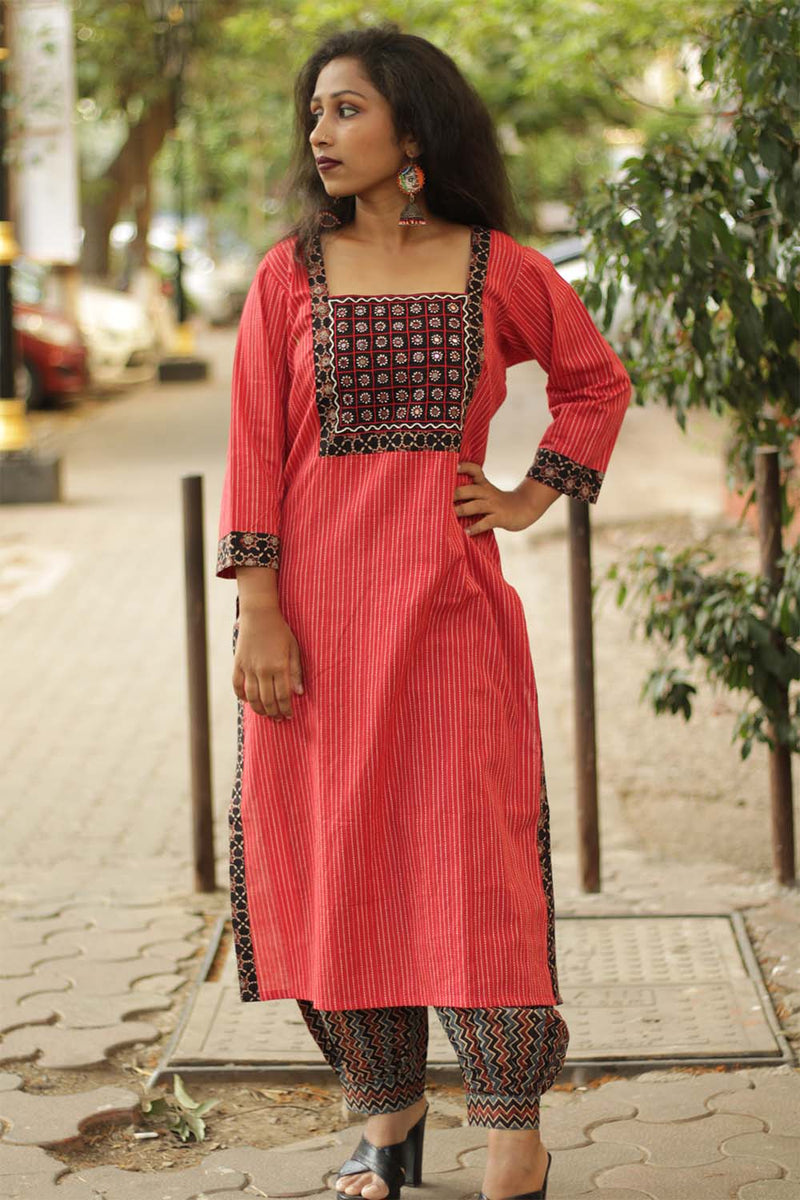 Kantha Cotton Mirrorwork Kurta- Red