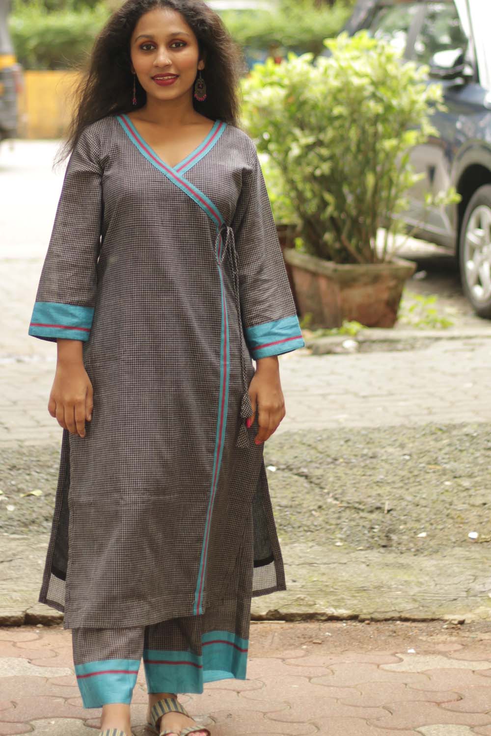 Vanacharini | Patteda Anchu Angarkha-style Kurta | Cyan