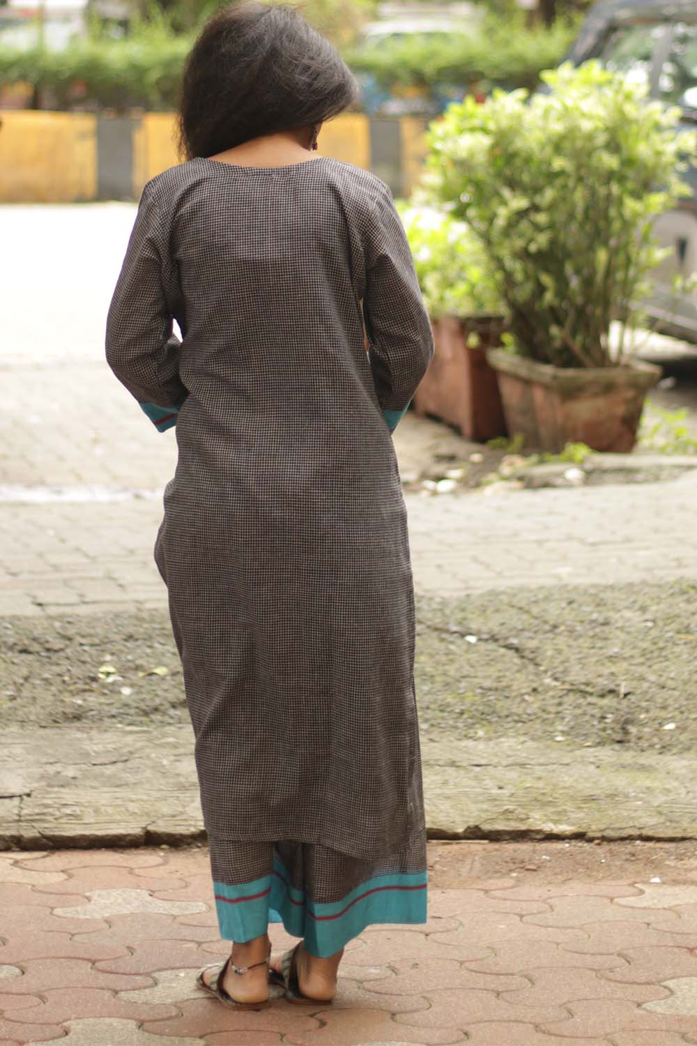 Vanacharini | Patteda Anchu Angarkha-style Kurta | Cyan