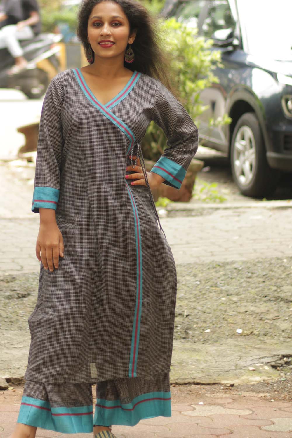 Vanacharini | Patteda Anchu Angarkha-style Kurta | Cyan