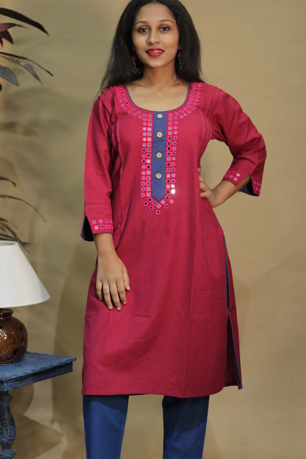 Shishej | Long Kurta with Mirrorwork | Fuchsia