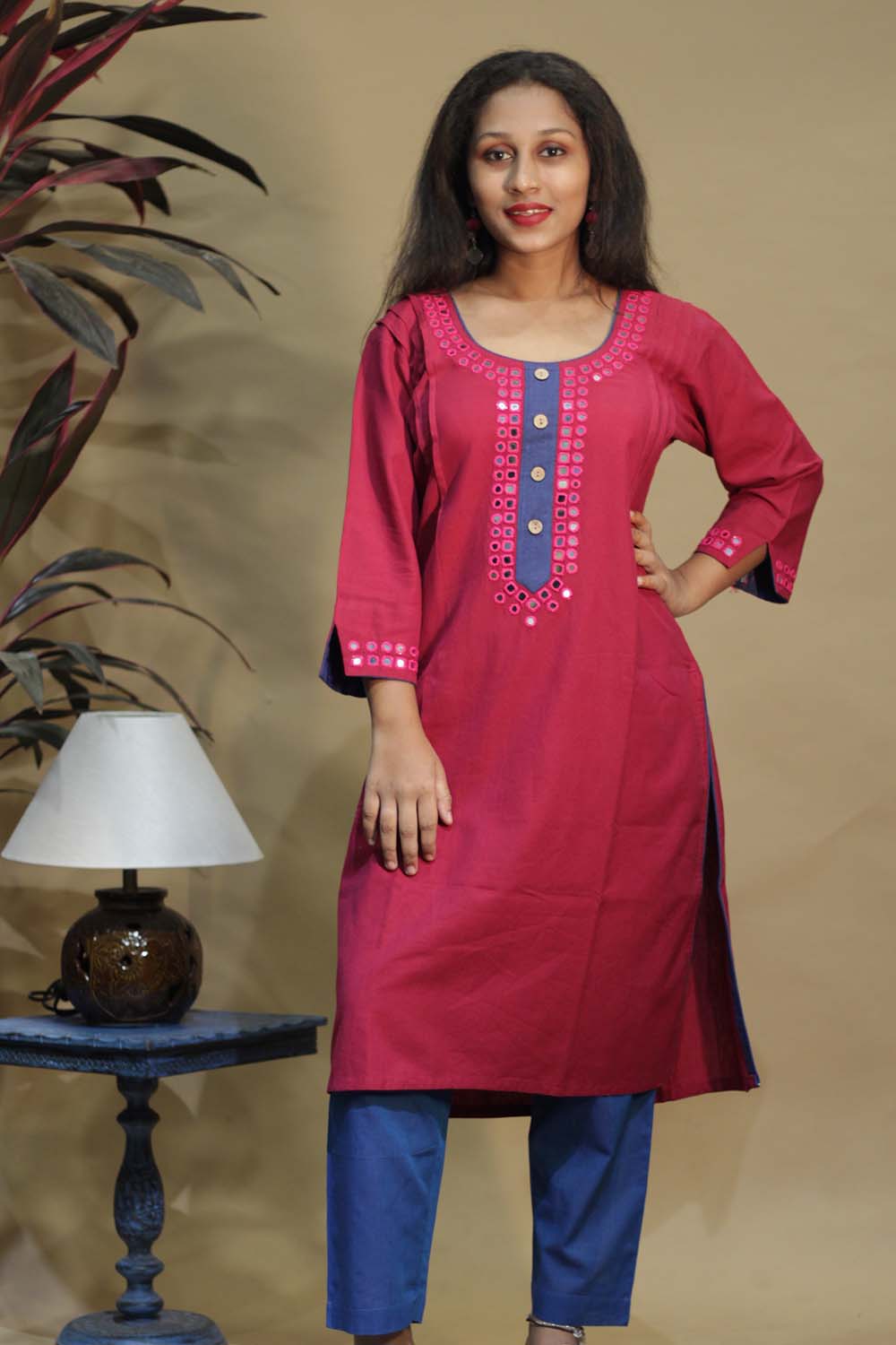 Shishej | Long Kurta with Mirrorwork | Fuchsia