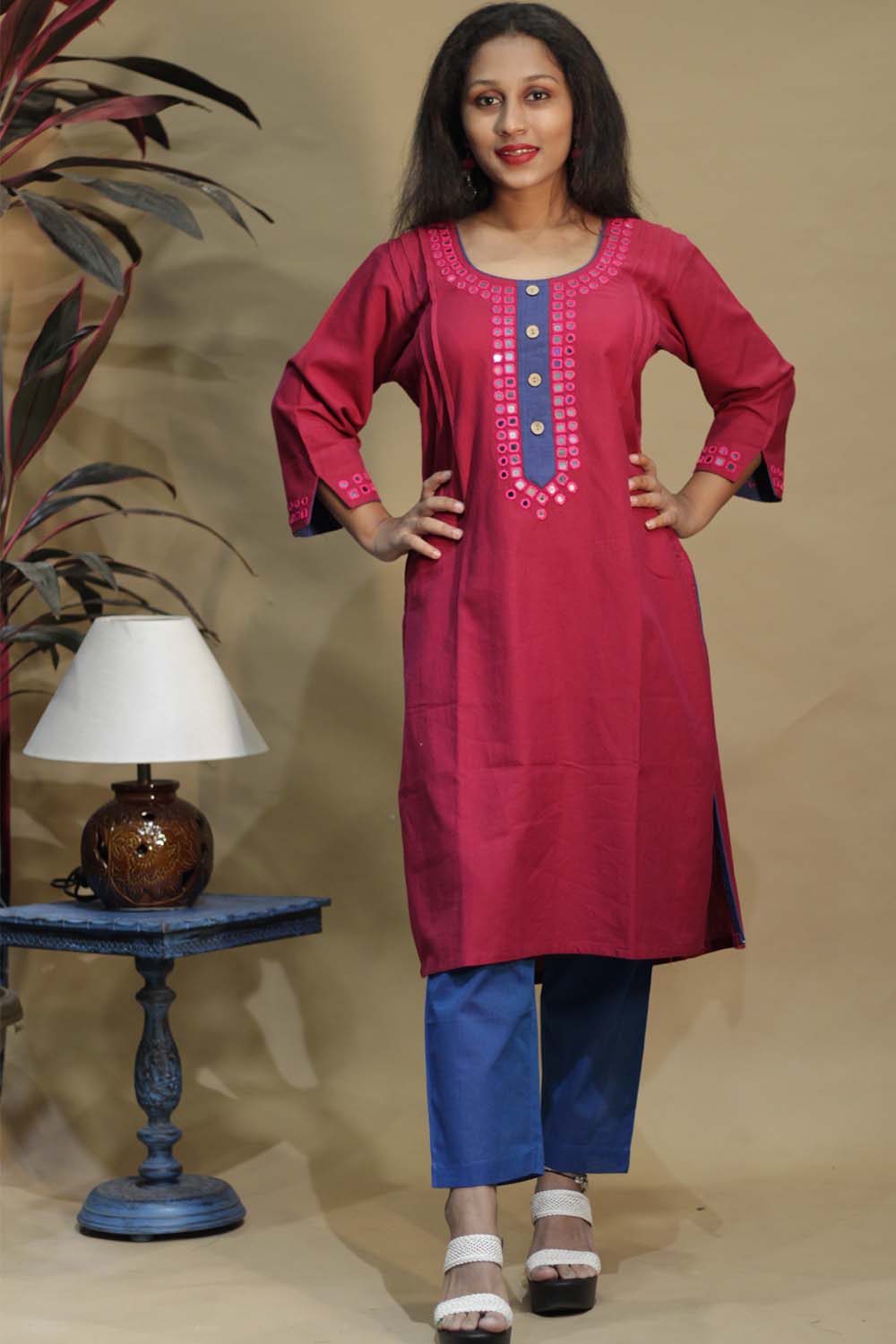Shishej | Long Kurta with Mirrorwork | Fuchsia