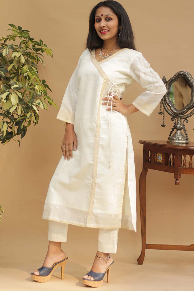 Abha | Angarkha Style Kurta | Floral Banarasi Cotton