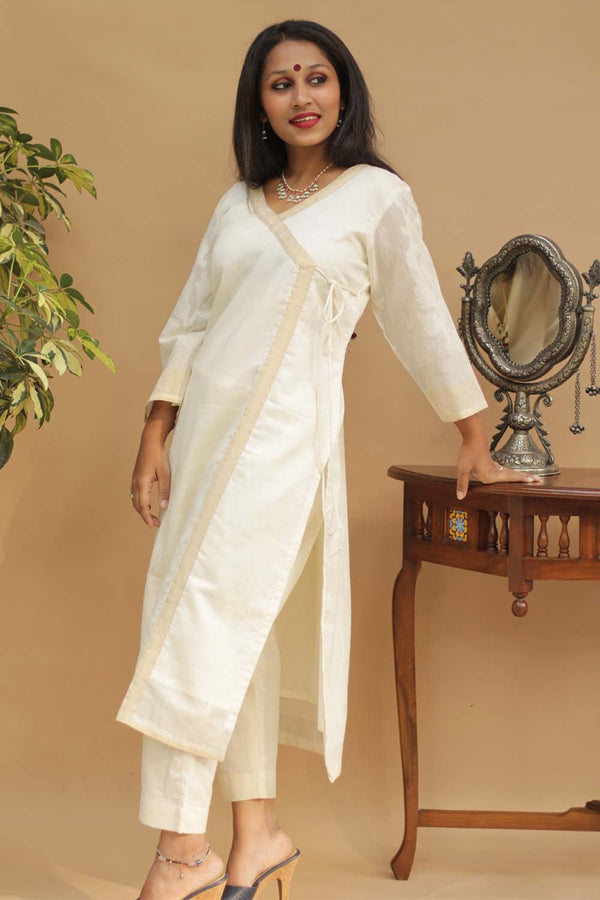 Abha | Angarkha Style Kurta | Floral Banarasi Cotton