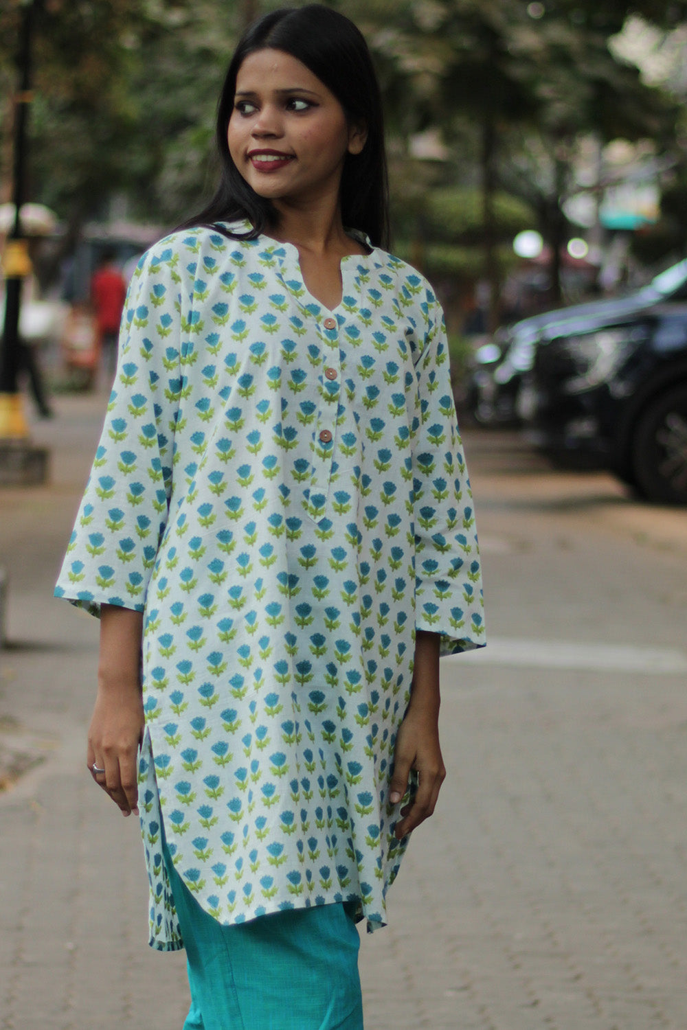 Short Kurta | Aqua Floral Sanganeri