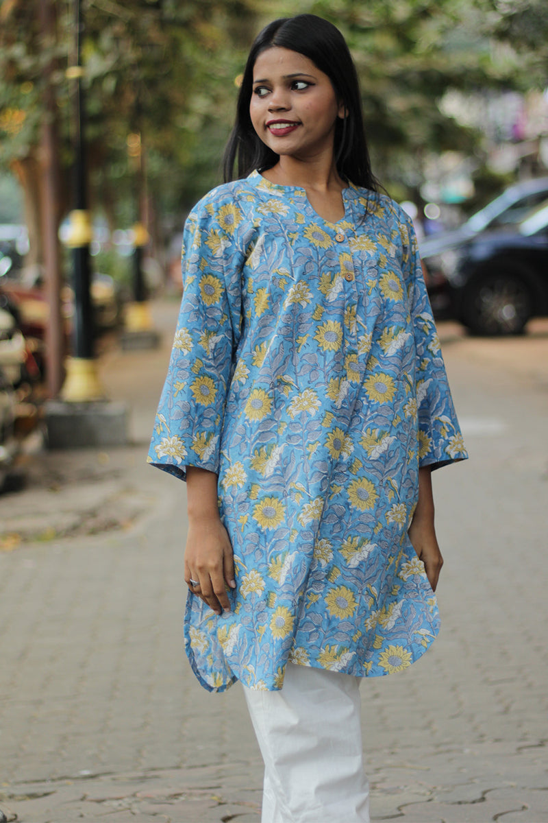 Short Kurta | Blue & Yellow Floral Sanganeri