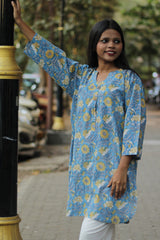 Short Kurta | Blue & Yellow Floral Sanganeri