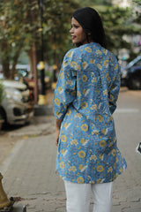 Short Kurta | Blue & Yellow Floral Sanganeri