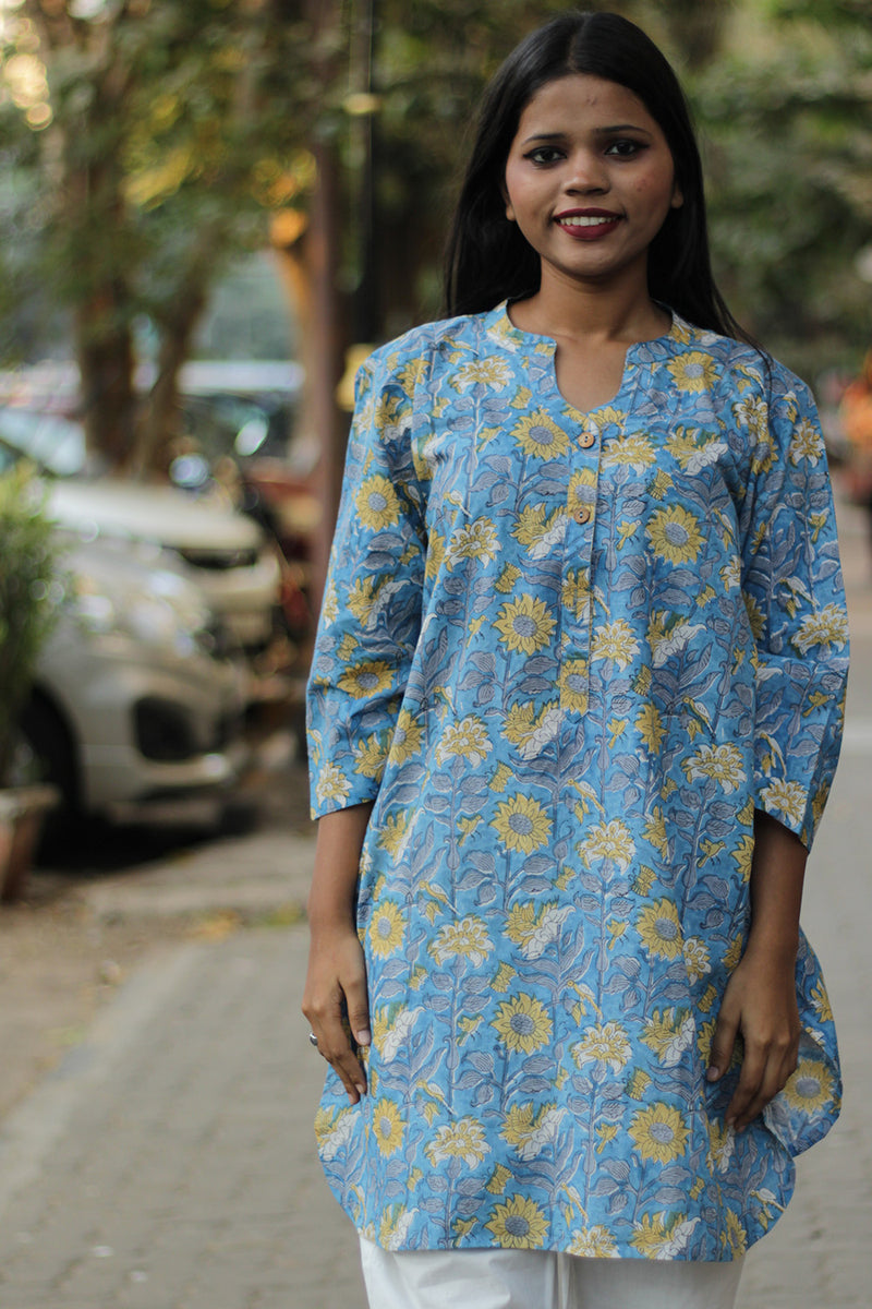 Short Kurta | Blue & Yellow Floral Sanganeri