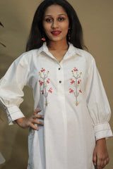 Lata | Collared Hand Embroidered Kurta | White