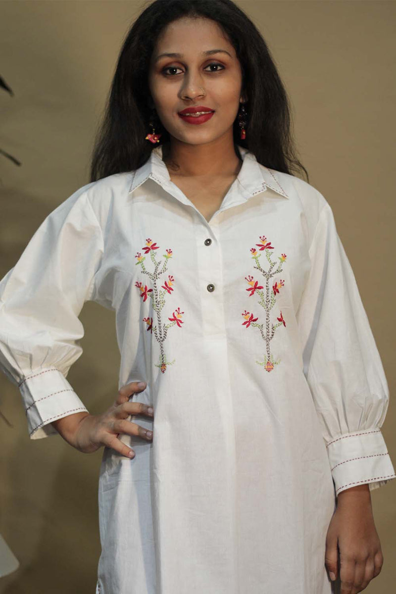 Lata | Collared Hand Embroidered Kurta | White