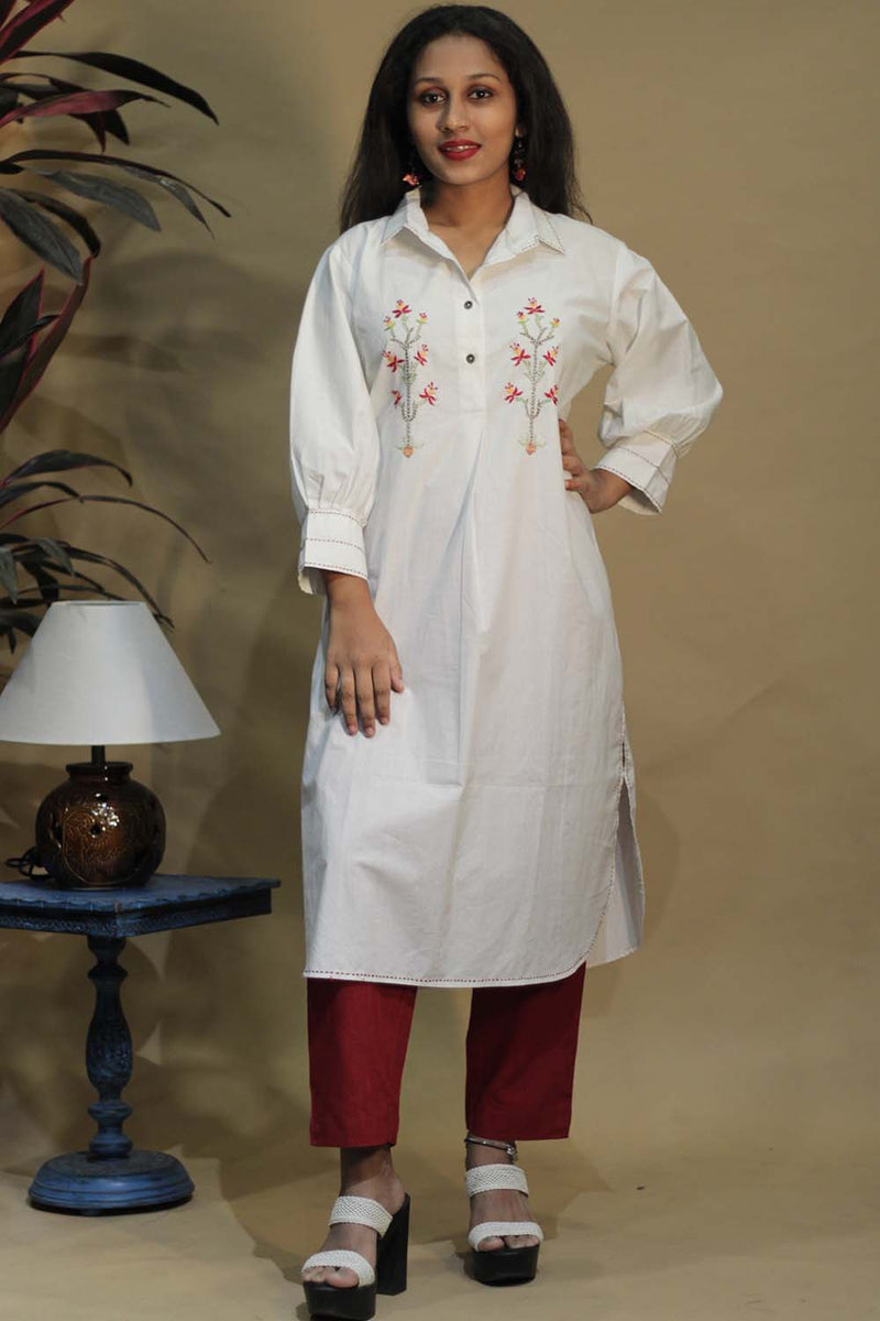 Lata | Collared Hand Embroidered Kurta | White