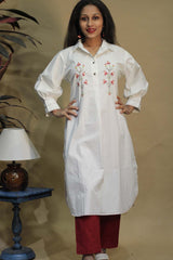 Lata | Collared Hand Embroidered Kurta | White